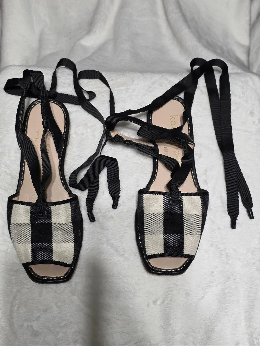 kate spade Black and Cream Plaid Lace-Up Sandals